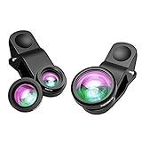 VicTsing 3 in 1 Clip-on 180 Degree Fisheye Lens Plus Wide Angle Lens Plus Macro Lens iPhone Camera Lens Kits for iPhone, Android and Smartphones with Flat Camera - Black