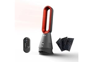 Faryuan Bladeless Fan, 25inch Heating & Cooling & Filter Combo Tower Fan 80° Oscillating with Remote, 9H Timer, 8 Speeds, Portable Quiet for Indoor, Bedroom, Home Office Room(Grey & Red)