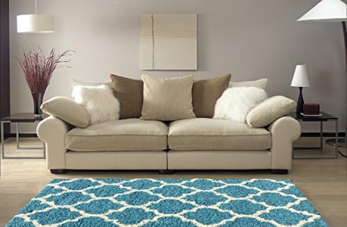 Shag Area Rug, Contemporary Trellis Design, Anti-Bacterial, Olefin Fiber, 60-Inch-by-96-Inch (5x8), Turquoise