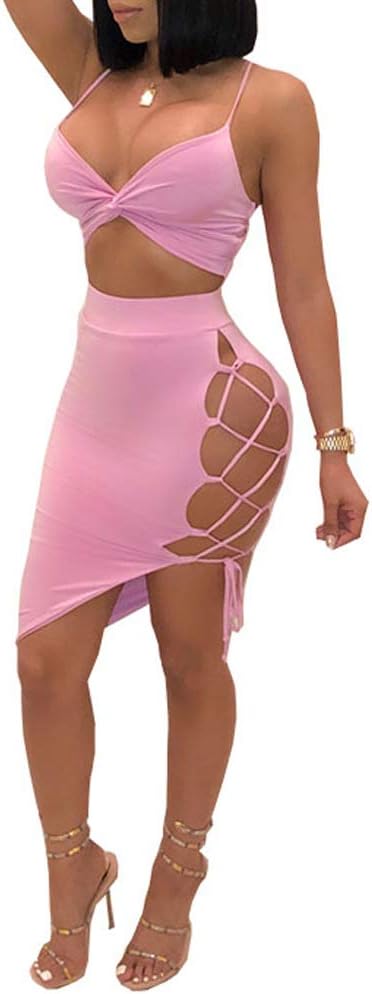KaximilWomen's Sexy Sleeveless Bodycon Club Mini Dress 2024 Summer Spaghetti Strap Cut Out Two Piece Skirt Sets