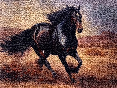 Black Horse Latch Hook Kits Rug DIY Cushion Tapestry Making Crochet Hook Mat Making Kits Color Preprinted Pattern Canvas DIY Carpet Needlework Crochet Kits 52x38cm (d99-46)
