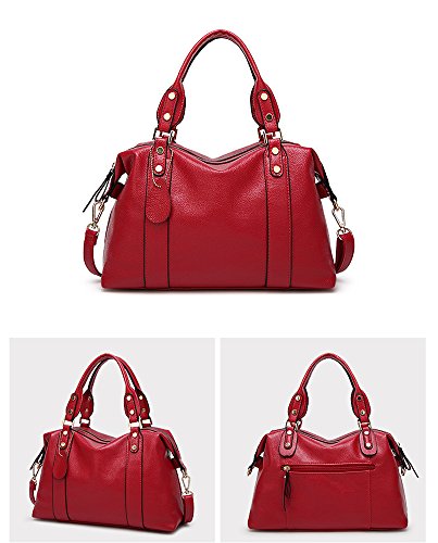 Mn&Sue Spacious Women Boston Pillow Bag Pebbled PU Leather Hobo Handbag Roomy Shoulder Satchel (Wine Red)