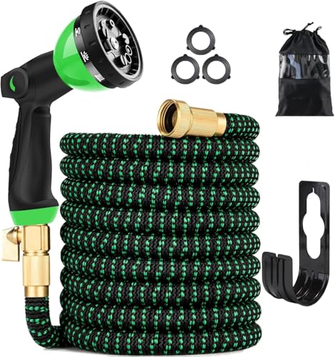 Expandable Garden Hose 100FT-Expanding Water Hose with Thumb-Controlled 10 Spray Nozzles&3750D Outer Fabric, Durable Collapsible Latex Core, Ultra Lightweight & Flexible