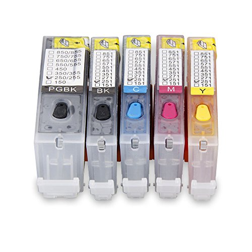 Aomya 5 Pack PGI-250 CLI-251 Refillable Ink Cartridge Full Ink with Auto Reset Chip Replacement for Canon Pixma IP8720 iX6820 MG7520 MG5500 MX922 MX920(1 PGBK, 1 Black, 1 Cyan, 1 Magenta, 1 Yellow)