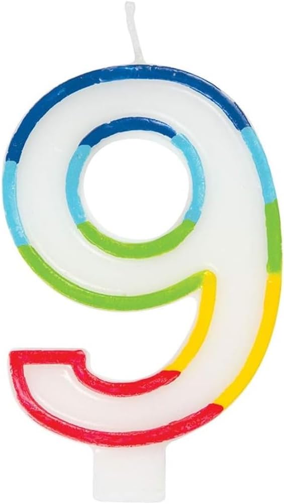 Unique Vibrant Rainbow Border Number 9 Birthday Candle 7x12cm