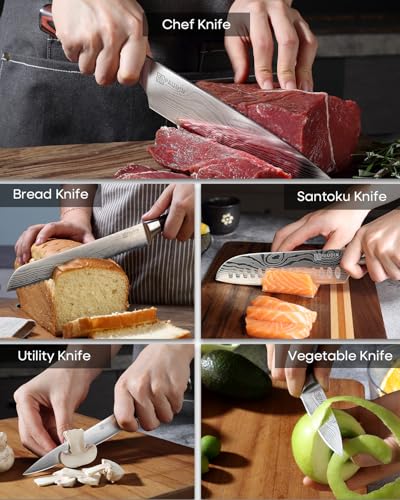 PAUDIN Juego de cuchillos de cocina sin bloque, juego de 5 cuchillos de cocina de acero inoxidable con mango Pakkawood, juegos de regalo profesional de cocina para amantes de la cocina y días más