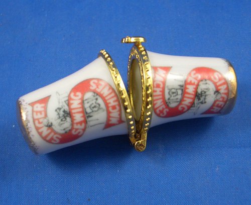 Porcelain China Thimble Needle Case -- Vintage Singer Logo