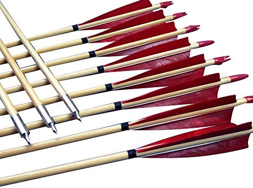 Junze Red Shield Feather Fletched 11/32" Wooden Arrows for Archery Long/Recurve Bow