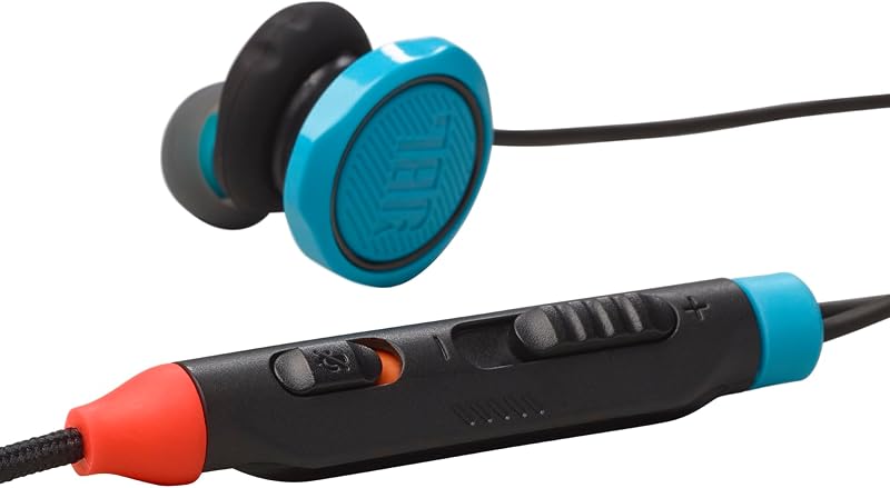 Quantum 50N, auscultadores gaming intra-auriculares com fios, USB-C, JBL Quantum SURROUND, microfone, botão de volume e de silêncio, compatibilidade multiplataforma, azul e vermelho