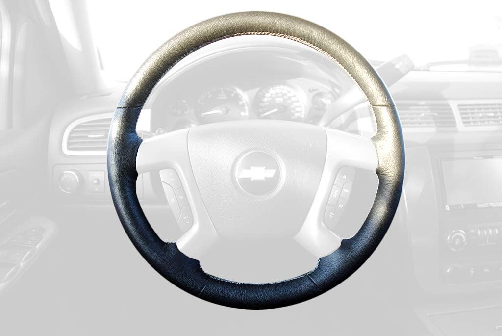 RedlineGoods steering wheel cover compatible with Chevrolet Traverse 2009-16 Black leather-Tan thread