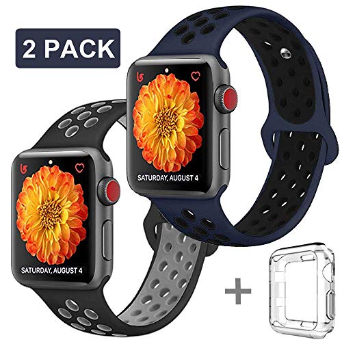 Sport Band Compatible for Apple Watch 42mm 44mm, Soft Silicone Sport Strap Replacement Band Compatible iWatch 4/3/2/1,with Soft Clear Screen Protector (Black/Gray+Black/Blue)