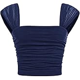 RoseSeek Girl's Elegant Mesh Ruched T Shirts Square Neck Cap Sleeve Fitted Crop Tops