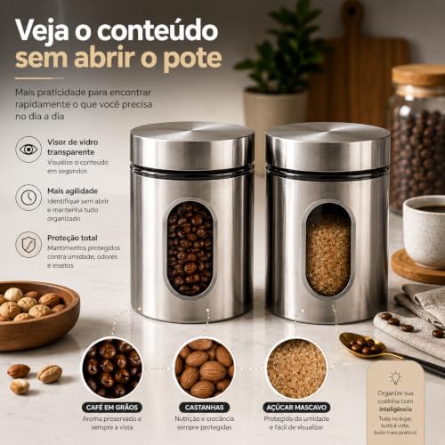 Kit Com 2 Potes Vidro Vítreo Revestido Em Inox 630ML Tampa Com Vedação e Visor - Ideal para Armazenar Café, Açucar, Sal, Grãos e Mantimentos - Super Resistente - Cantinho Do Café