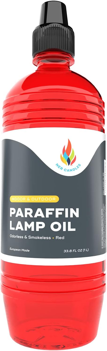 Oil Lamps & Accessories - Liquid Paraffin Lamp Oil - 1 Liter - Smokeless, Odorless, Ultra Clean Burning Fuel for Indoor and Outdoor Use (Red)