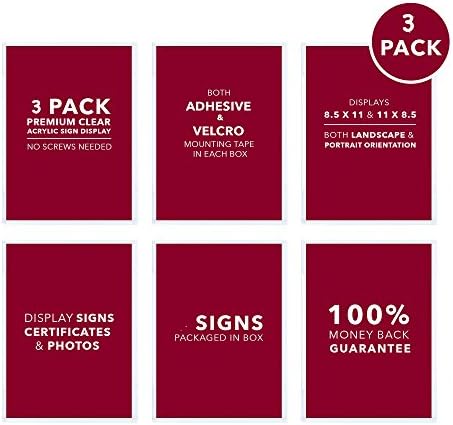 Premium Acrylic Sign Holders Wall Mount Displays with both permanent Adhesive and removable Hook and Loop tape in every Pack No Screws needed (3 Pack)