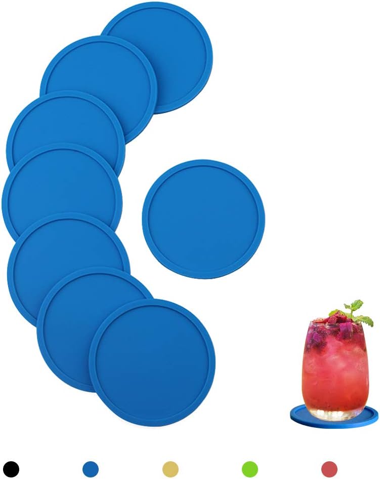 ANPI Set of 8 Coasters, Round Cup Mat Food Grade Silicone, Thick Non-Toxic Eco-Friendly Waterproof Resist Heat, Blue
