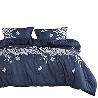 Wake In Cloud - Navy Blue Comforter Set, Gray Floral and Tree Leaves Pattern Printed, Soft Microfiber Bedding (3pcs, Queen Size)