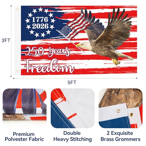 250 Anniversary USA Flag 3x5 Outdoor American Flag Double Sided 3-Ply 1776-2026 250 Years of Freedom Patriotic Flags Banner for 4th of July Memorial Independence Veterans Labor Armed Forces