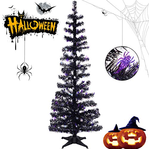 Halloween Tinsel Trees Collapsible, 5FT Artificial Christmas Tree Reusable, Pop Up Pencil Xmas Tree with Plastic Stand Outdoor Indoor for Home Decoration, Office, Party, Apartment, Fireplace-Spider - Thumbnail 7