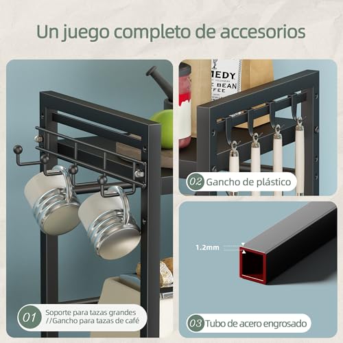NETEL Extendable 3 Tier Microwave Stand, Adjustable Countertop Microwave Shelf, Kitchen Countertop, Microwave Organizer with Cup Holder and 8 Hooks, Black