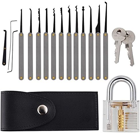 DXtech 15-Piece Lock Pick Set Professional Transparent Cutaway Padlock Practice Lock With Locksmith Tools for Lock Pick Training Trainer Practice