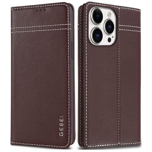 Gebei Hülle Echt Leder für iPhone 15 Pro (6,1") - Premium Echte Lederhülle mit Standfunktion Kartenfach Magnetverschluss Flip Case Ledertasche Handyhü
