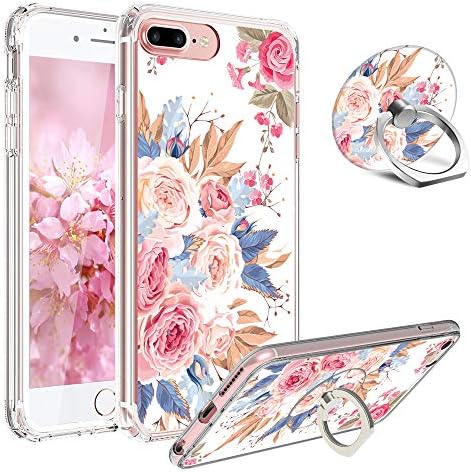 iPhone 7 Case,iPhone 8 Case and Ring Stand Holder Floral for Girl Women Clear Design[Shock-Absorption] Soft Silicone TPU Bumper with Rotating Ring Stand Cover Case for Apple iPhone 7/8-Rose Flower
