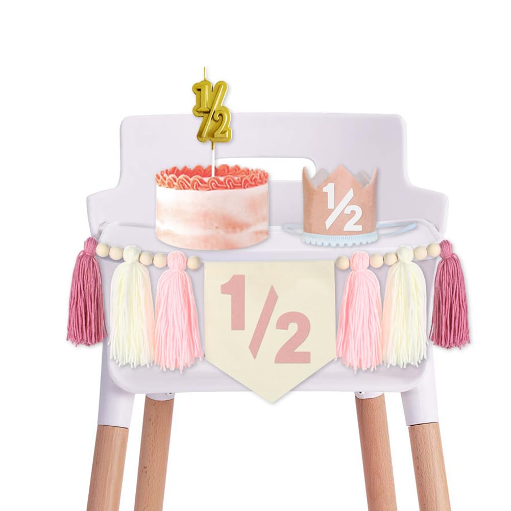 Photo 1 of 1/2 Birthday Boy Half Birthday Decorations High Chair Banner, 6 Month Tassel Wood Bead Highchair Garland Blue (1/2PINK)