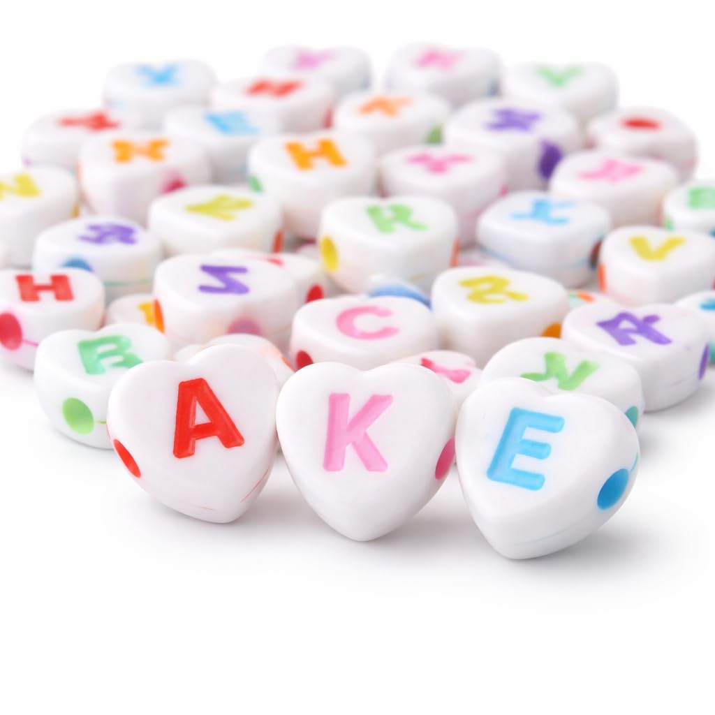 300 Letter Beads Plastic Letter White Beads with Colourful Letters A-Z 7 mm Heart Beads for Bracelet, Choker, Jewellery or Other Crafts
