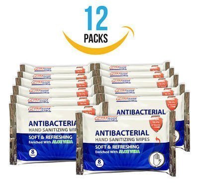 Germisept, Antibacterial Hand Sanitizing Wipe handy portable & convenient (8 Count pack of 12 packs = 96 wipes)
