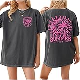 Oversized Summer Vibes Shirt for Women Hawaiian Beach Vacation Party Tee Tops Vintage Sunshine Coconut Tree Graphic Top