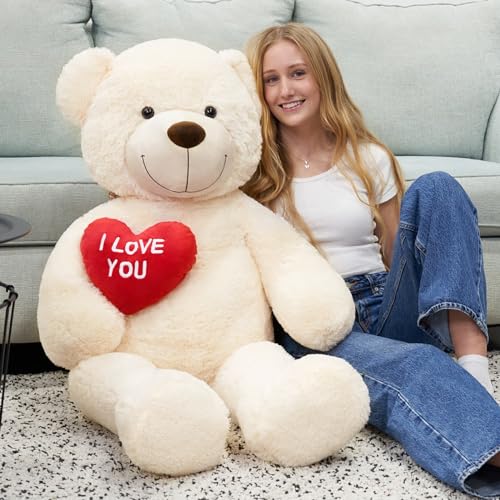 MorisMos 130 cm Giant Plush Bear with I Love You, XXL Ivory Plush Teddy Bear Large Soft Teddy Bear Gift for Baby Girlfriend Her Birthday Decorations