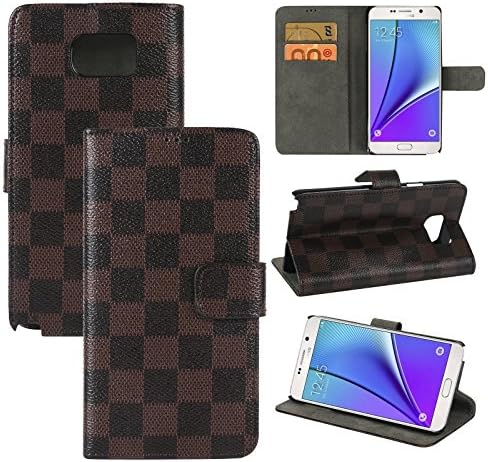 Galaxy Note 5 Case Cover, BONGEEK[Kickstand Feature] Premium PU Leather Flip Cover Wallet Case [Grid Pattern] for Samsung Galaxy Note 5, [Brown/Black]
