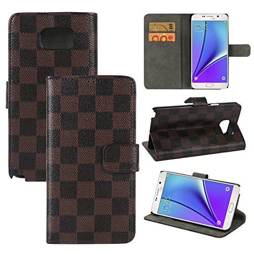 Galaxy Note 5 Case Cover, BONGEEK[Kickstand Feature] Premium PU Leather Flip Cover Wallet Case [Grid Pattern] for Samsung Galaxy Note 5, [Brown/Black]