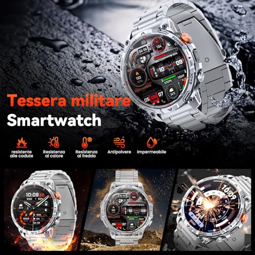 Orologio Uomo Militare, 1000 mAh Batteria Smartwatch, Due Cinturini, Schermo HD 1,75", Torcia LED, 100＋ Modalità Sportive, Monitoraggio della Salute, Chiamate Bluetooth per iOS Android (Argento)