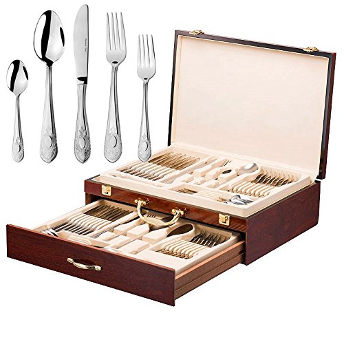 Italian Collection 'Dominion' 65-Pc Premium Silverware Flatware Serving Set, Dining Cutlery Service for 12, 24K Gold Plated 18/10 Stainless Steel Hostess Serving Set in a Chest