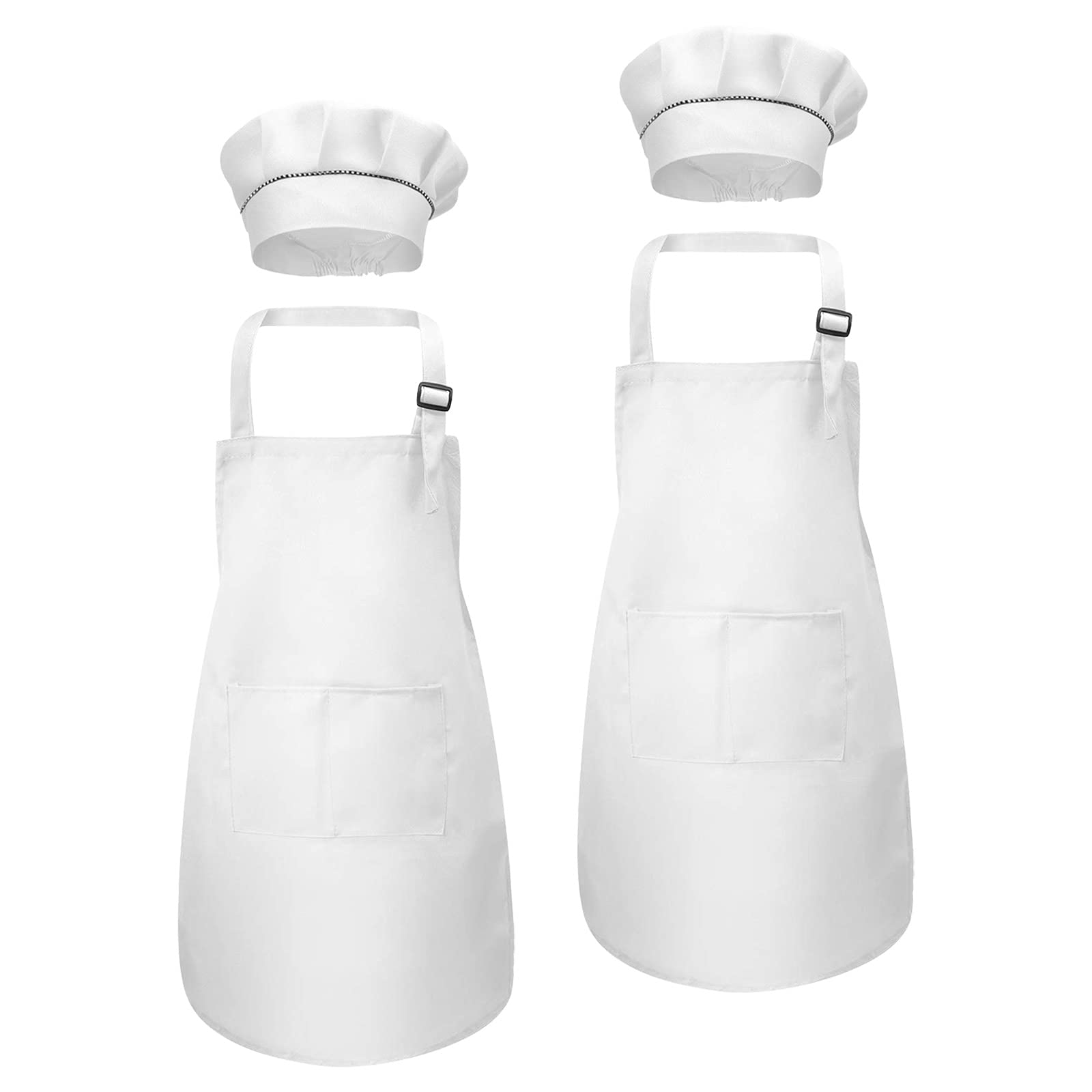 White Kids Apron and Chef Hat Set, Children Aprons for Baking Cooking Painting, Adjustable Bib Aprons with Pockets for Boys Girls Toddler Age 6-13 Years (2 Sets)