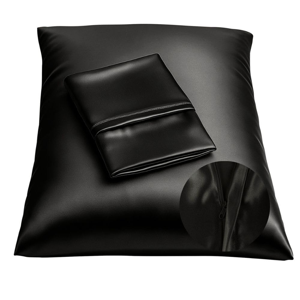 SHOPBEDDING Luxury Satin Pillowcase for Hair Standard Satin Pillowcase with Zipper, Black (Pillowcase Set of 2) Blissford