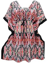 Caftan Womens Short Kaftan Multired Ikat Printed Dress Tops S