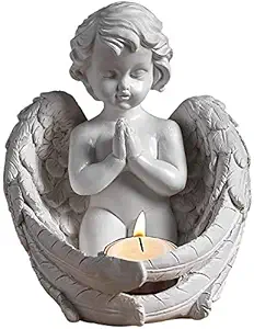 Kneeling Angel Tealight Holder, Prayer Cherub Angel Statue Votive Candle Holders, Home Garden Guardian Decorative Church Wings Angel Sculpture Memorial Statue, Sympathy Gift, White