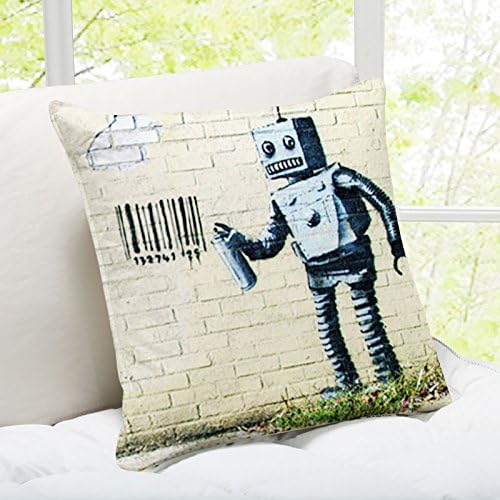 iLeesh Banky Art Throw Pillow, Robot and Barcode New York