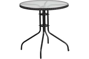 Flash Furniture Barker 28'' Round Tempered Glass Metal Table with Black Rattan Edging