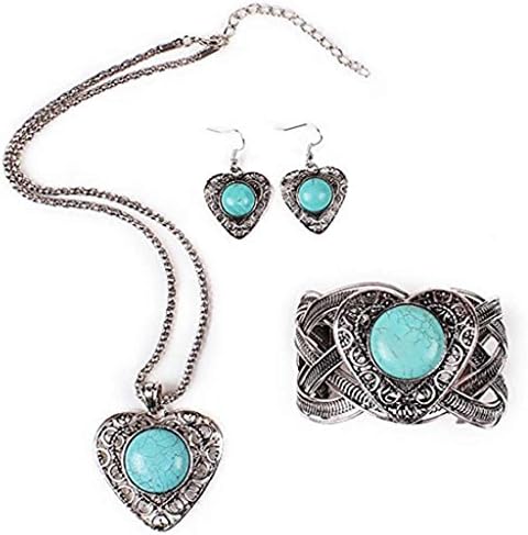 Prime Clearance Sale &amp; Deals Day 2017-Valentoriavintage Tibetan Heart Silver Ethnic Gothic Oval Turquoise Inlay Wide Silver Tone Cuff Bracelet Earrings Necklaces