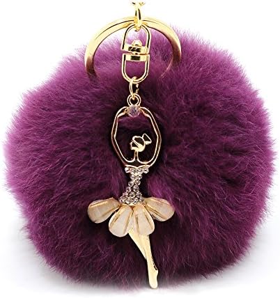 COGEEK Little Angel Crystal Ballet Dancer Pendant Plush Rabbit Hair Ball Car Keychain Handbag (Purple)