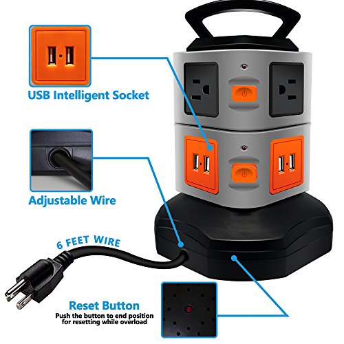 Surge Protector Power Strip, Lovin Product Safety Universal Electric Power Outlet; with 6 outlets, 4 USB Ports/ Rotating Tower/ 6 feet Cord Wire Extension/ Overload Protector/ for Home, Office