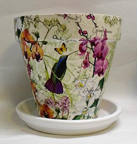 Handmade Decoupage Terra Cotta Clay Pot, Orchids, Birds, 8.25"