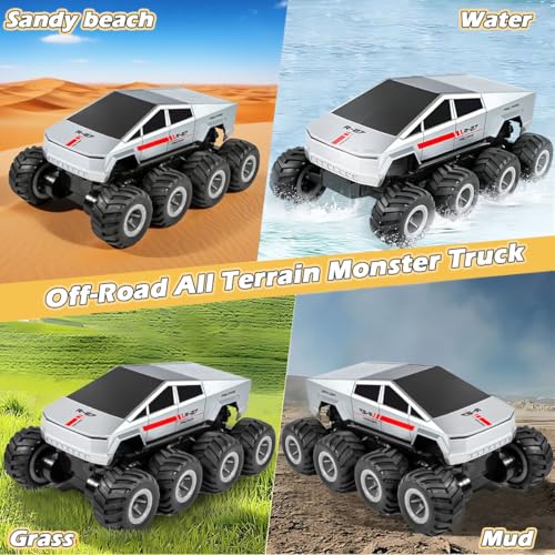 Amphibious Remote Control Car, 8WD 2.4GHz 1:18 Electric Vehicle Toy Off-Road Monster Truck with 2 Batteries, Waterproof Omni-Direction High-Speed Pickup All Terrain RC Jeep Gift for Boy Girl Age 8+