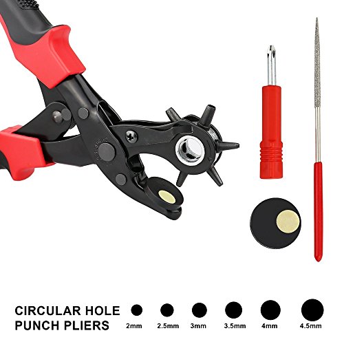 Click Here to See More Images Multi-functional Revolving Punch Plier Kit, Hole Punch Tool Great for Brass Pad, Grinding Rod, Screwdriver for Belt, Saddle, Watch Strap, Shoe, Fabric, Eyelet, Card