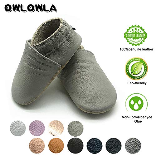 Owlowla Baby Soft Sole Leather Crib Shoes Infant Toddler Pre-Walker Shoes Boy Girl(F-Light Grey,US6.5) - Thumbnail 3