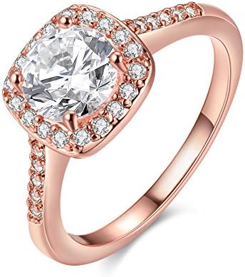 FuBlit Women's 18K Gold Plated Princess Cut CZ Crystal Prong Setting/Channel Setting Rings for Engagement Anniversary Cocktail Wedding Bands (rose-gold-plated-base, 6)